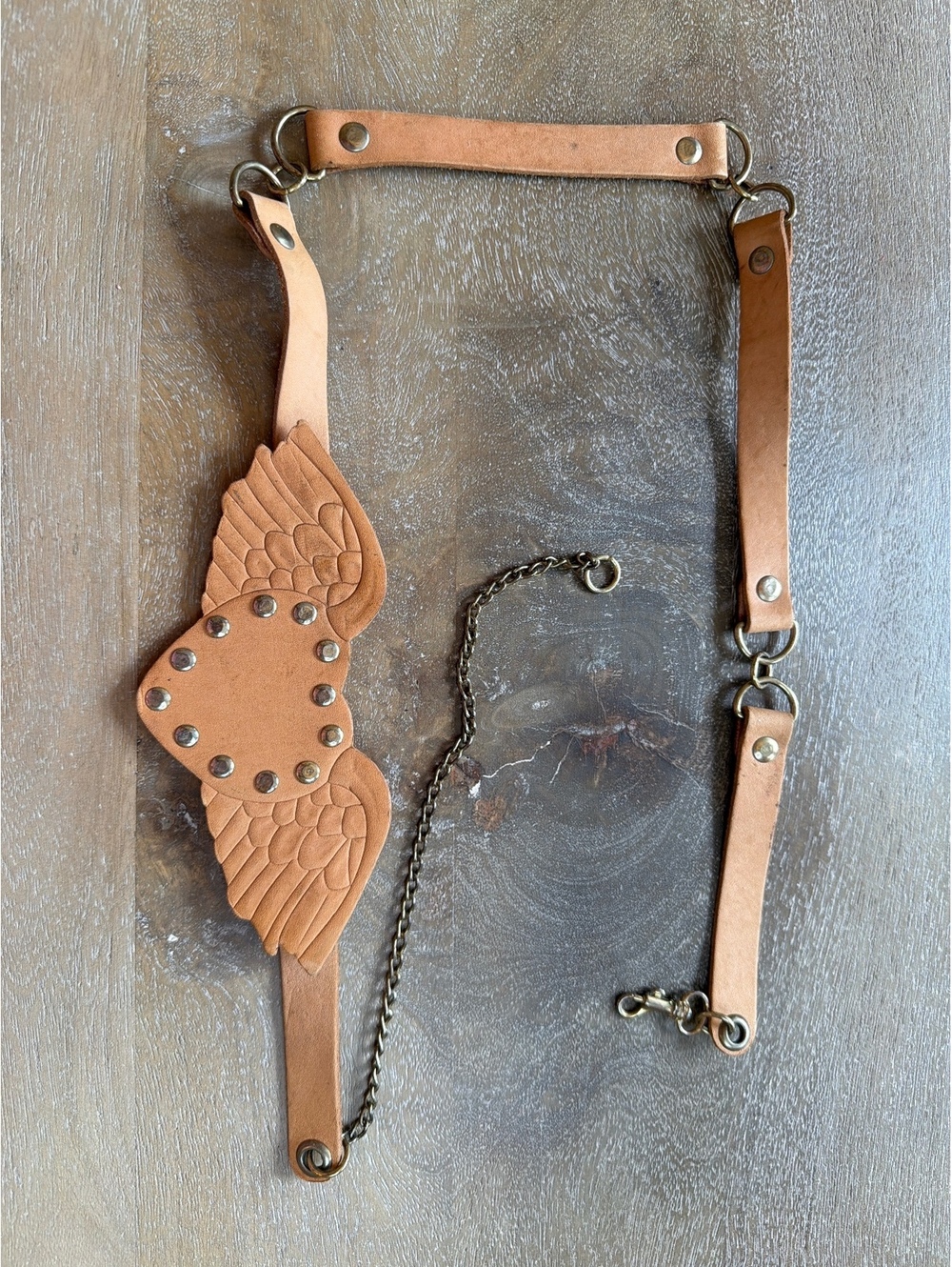 Karen Kell Handcrafted Leather Angel Wing Pet Harness Leash Set Tooled Studded